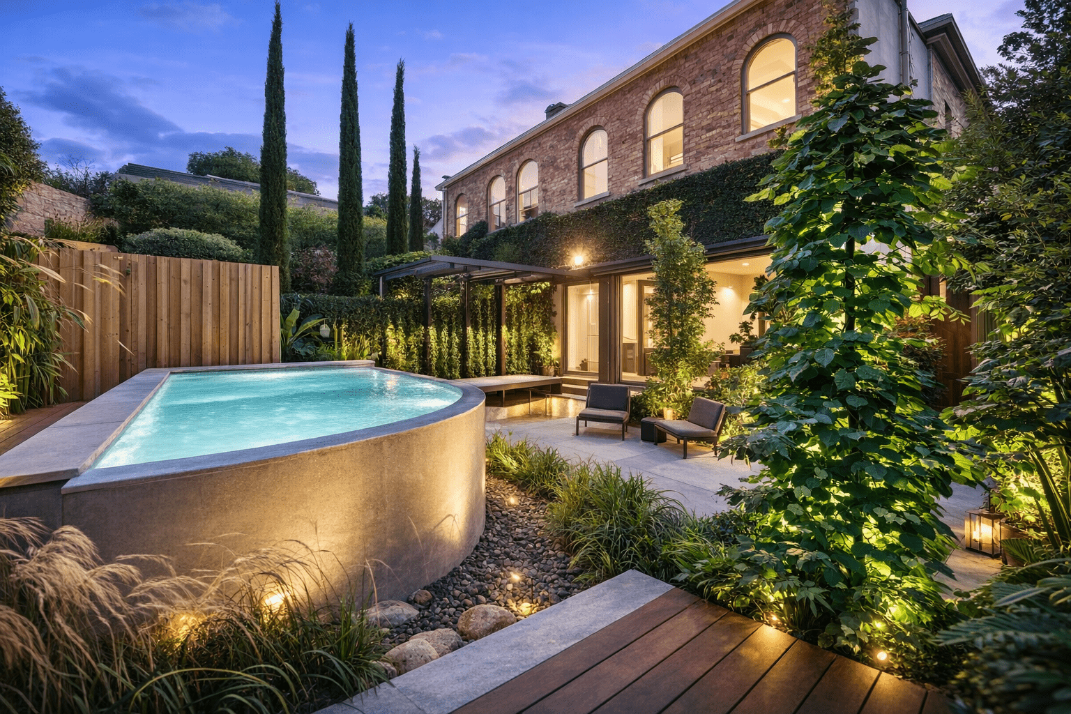 Luxury landscaped courtyard featuring a timber deck, built-in spa, lush greenery, and ambient outdoor lighting at dusk.